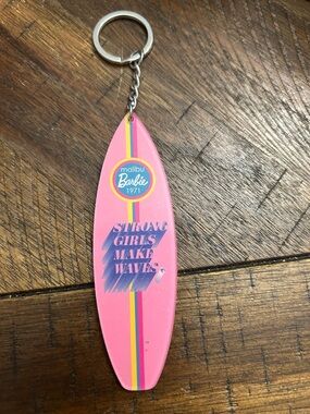 Barbie Pink Surfboard Keychain with Retro Stripe Detail